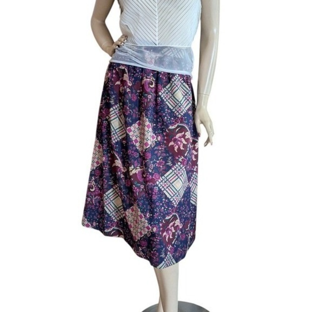 Vintage 80s Floral Patchwork Midi Skirt Navy Purple Plaid Cottagecore Pockets L